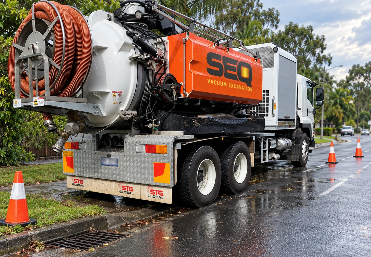 SEQ vacuum excavation truck on a wet road